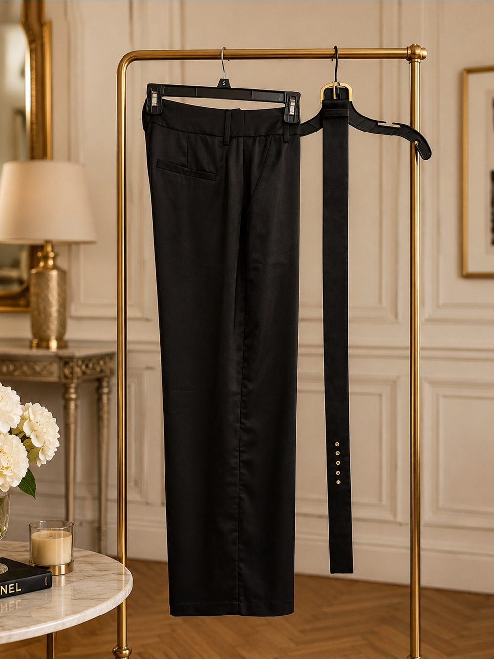 Classic Black Straight-Leg Dress Pants with gold buckle belt